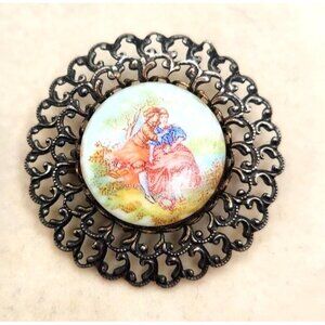 Vintage Victorian Style Courting Couple Brooch - Brass, Metal Porcelain